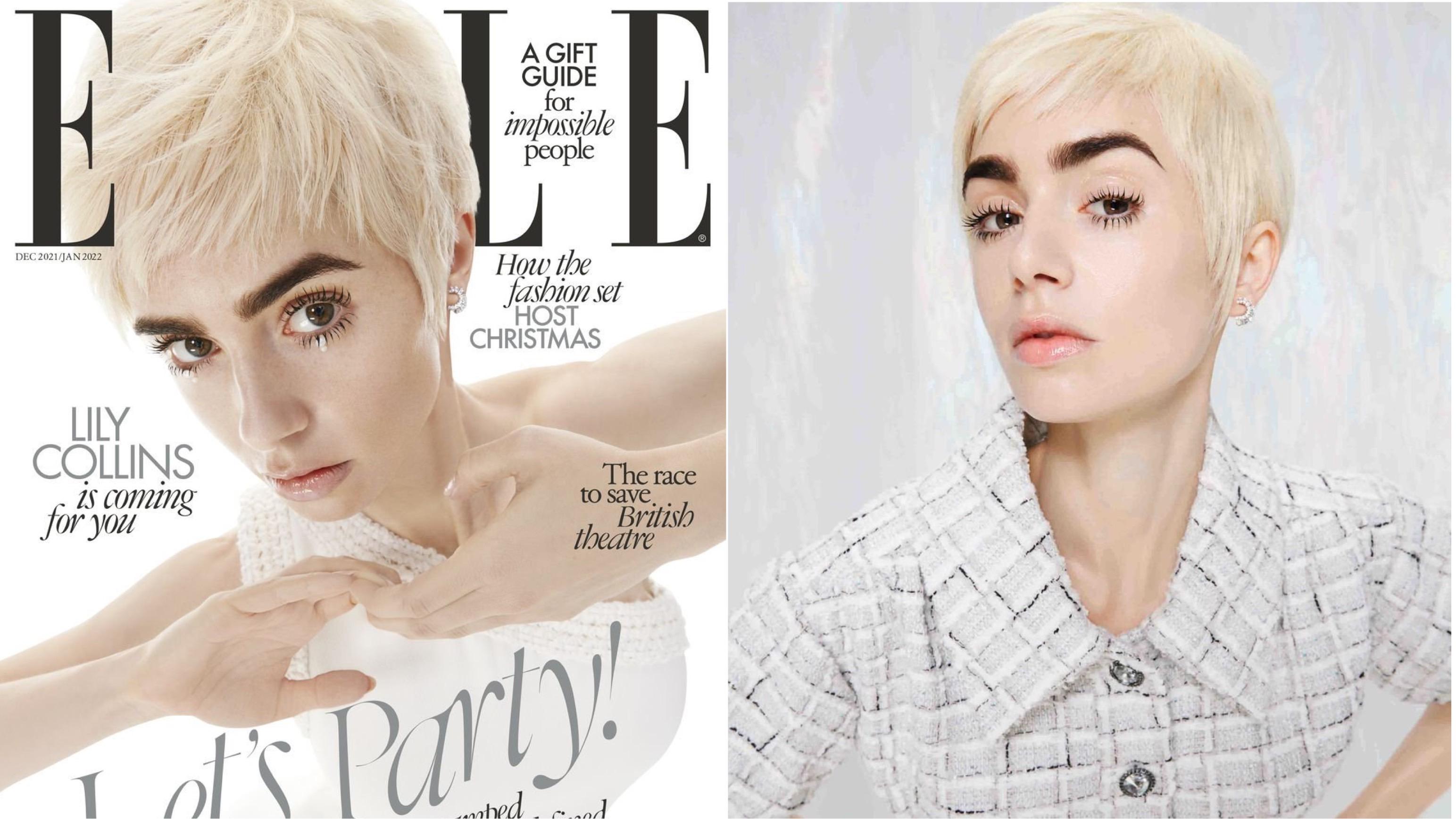 Không thể nhận ra "Emily in Paris" Lily Collins với mái tóc ngắn bạch kim trên bìa tạp chí Elle