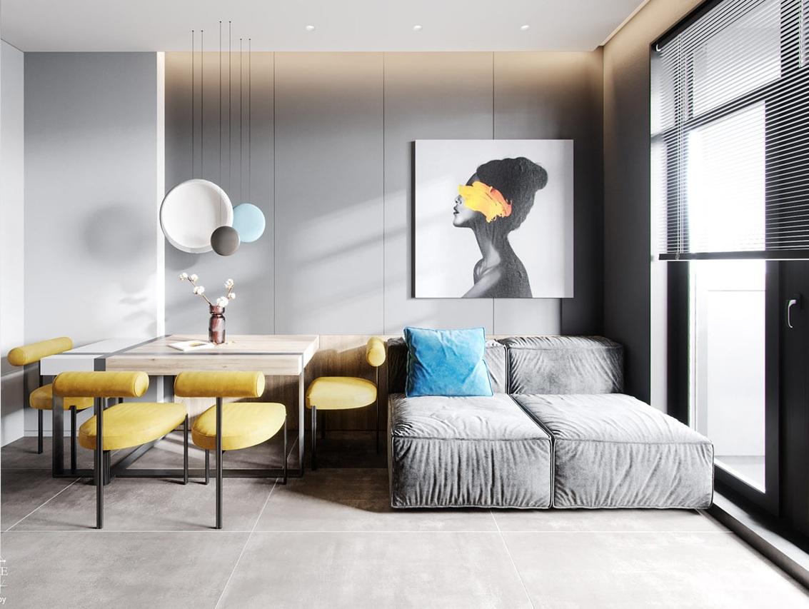 Căn hộ 85m² màu xám chủ đạo nhưng cực hút mắt nhờ nội thất xanh, vàng