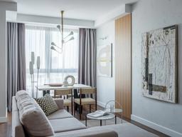 Căn hộ 95,5m² có quầy bar mini sang chảnh với gam màu trung tính, nền nã