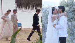 Huy Trần vô tư lướt phăng phăng đi trước để Ngô Thanh Vân nặng nề xách váy cưới theo sau