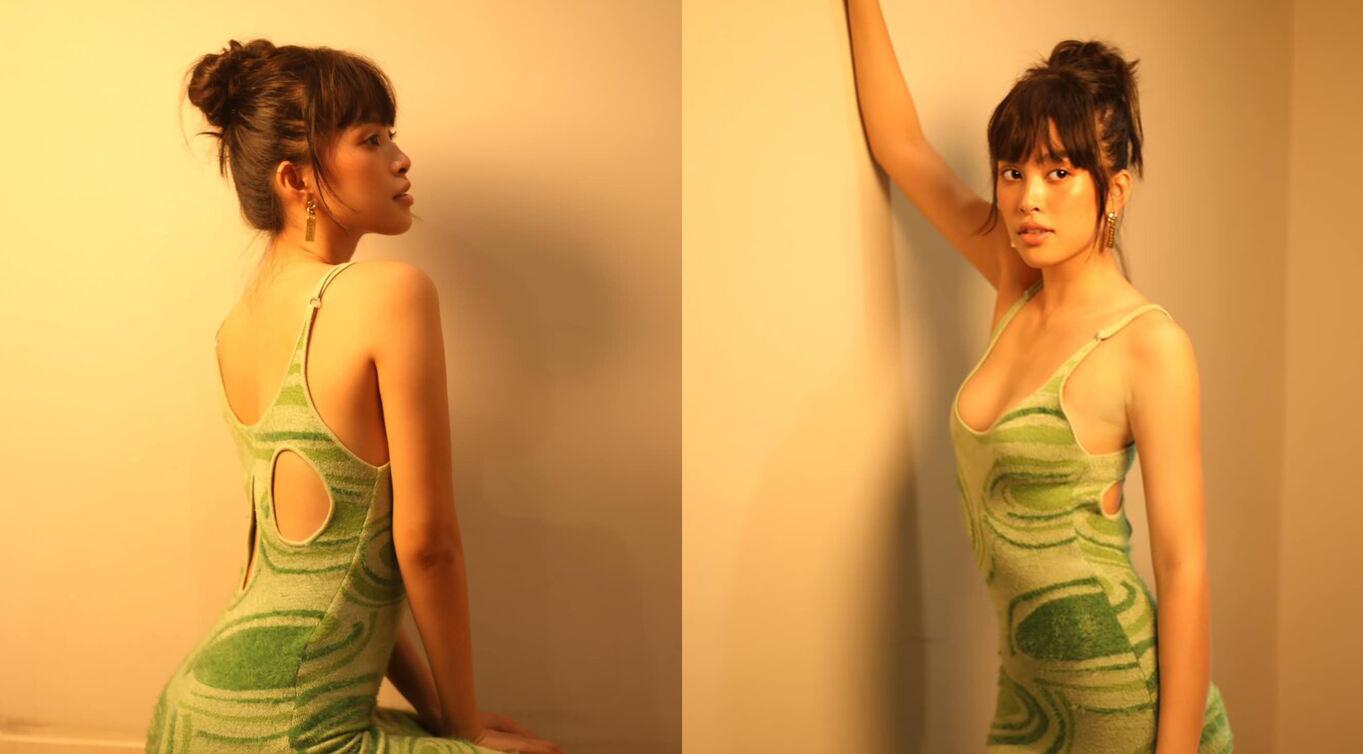 Tiểu Vy diện váy hở trên khoét dưới nhưng lại may bằng vải len ấm áp