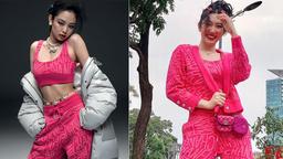 Đụng hàng set đồ màu hồng mười giờ với Jennie (BLACKPINK), Thúy Ngân trông giống như đang đi chợ