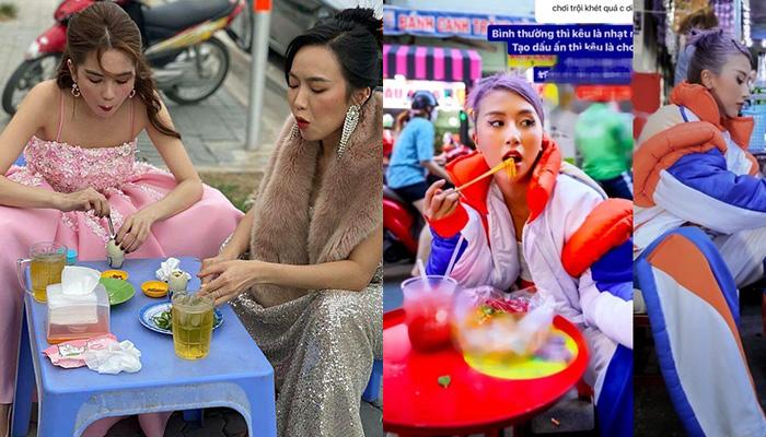 Ngồi quán cóc ăn vặt vỉa hè: Ngọc Trinh và Diệu Nhi diện váy công chúa, Quỳnh Anh Shyn "cồng kềnh"