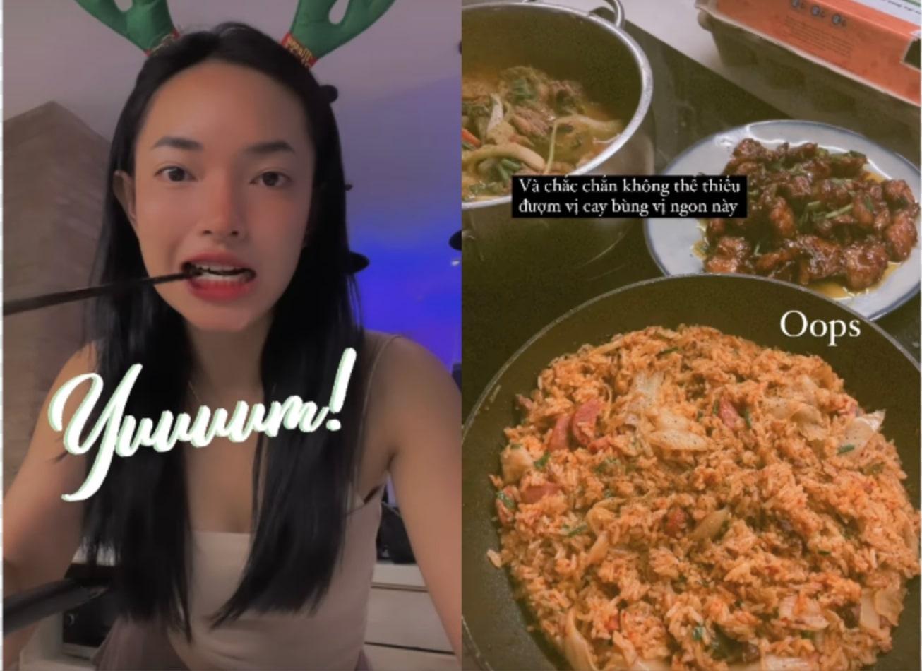 Châu Bùi tự nấu bữa tối thịnh soạn, Thanh Hằng ăn súp mì Tomyum “khổng lồ”