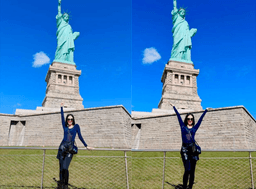 Lệ Quyên diện áo xuyên thấu, nhún nhảy phấn khích khi đến check-in tượng nữ thần tự do