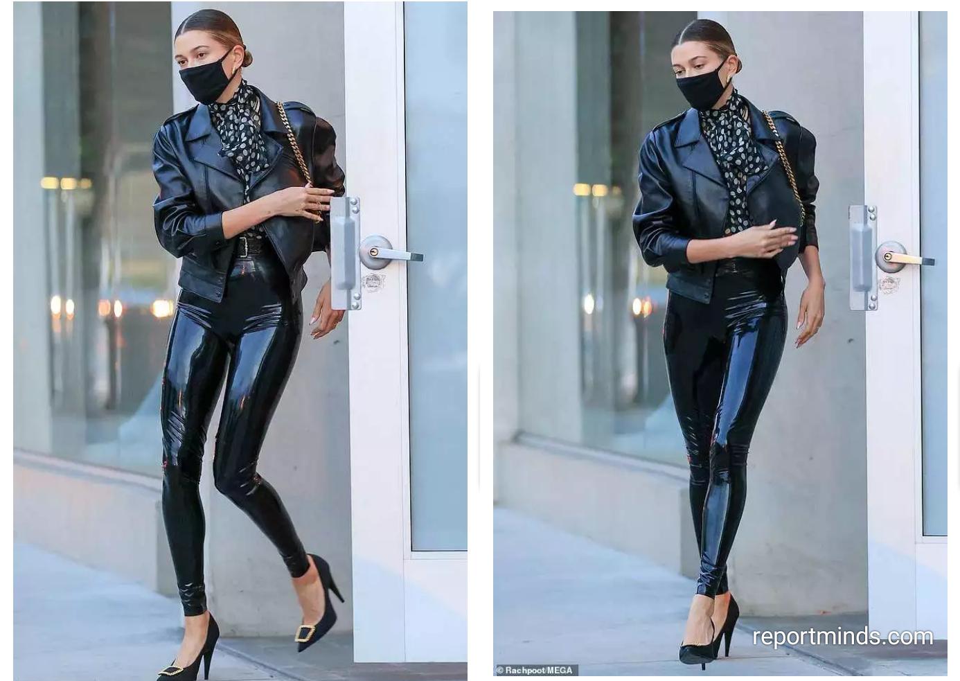 Nếu không phải Hailey Bieber, ai dám mặc legging da bóng?