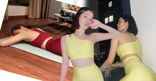 Lệ Quyên nằm trườn tạo dáng chân co chân duỗi chụp ảnh selfie