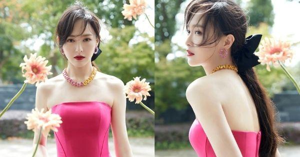 Đường Yên khoe sắc trong bộ thiết kế trễ vai hồng cánh sen