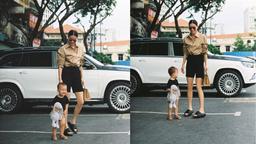 Hồ Ngọc Hà đưa con trai đi làm nhưng Leon đã bị cặp chân của mẹ làm lu mờ