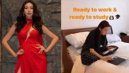 Thùy Tiên đi công tác Thái Lan vẫn mang bài vở miệt mài đèn sách đêm khuya