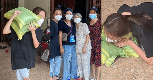 Làm từ thiện cùng mẹ, con gái Phương Thanh vác 20kg gạo