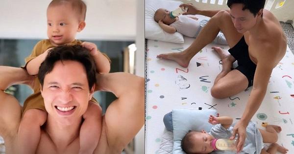 "Ông bố bỉm sữa" Kim Lý một mình chăm cả hai con, 2 tay 2 bình sữa