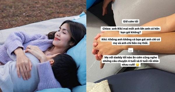 Sau giờ cơm tối, Hà Tăng và chồng đại gia nắm tay nhau nằm nghe hai con chuyện trò