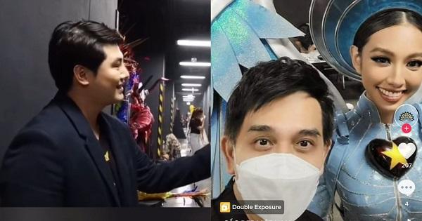 MC Miss Grand dõi mắt theo Thùy Tiên chăm chú bất chấp đang phỏng vấn thí sinh