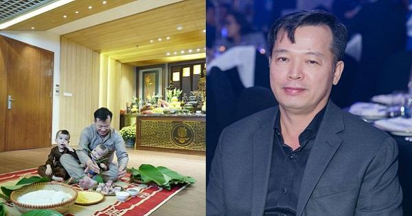Shark Việt ngồi bệt gói bánh chưng cùng cháu, để lộ phòng thờ to lớn như chính điện