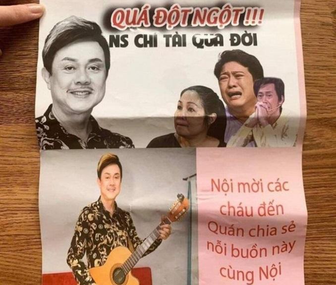 Quán ăn lợi dụng sự ra đi của nghệ sĩ Chí Tài để quảng cáo "bẩn"